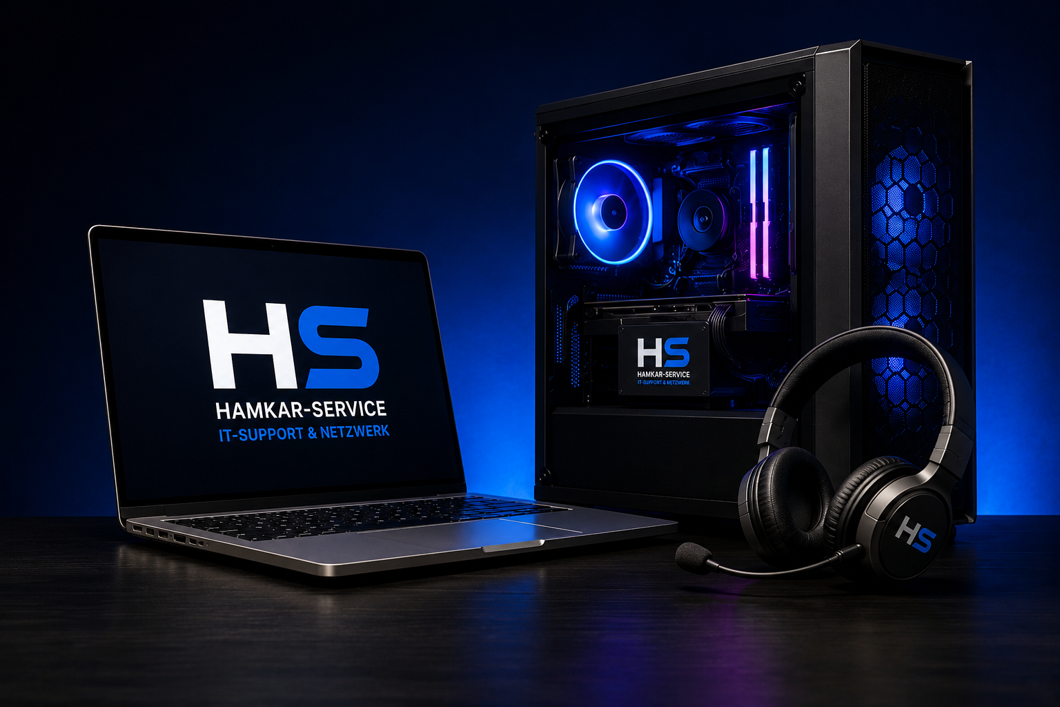 Laptop, PC und Headset für IT-Support